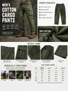 Comprehensive detail view of men's 100% cotton tactical cargo pants with full size chart.