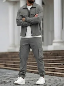 Full view of men's grey solid color cargo jacket and multi-pocket jogger pants set
