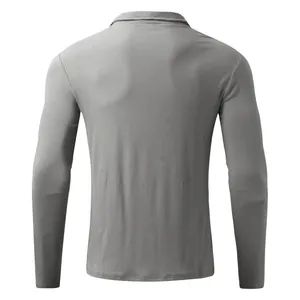 Rear perspective of a men's grey ribbed long-sleeved polo shirt with high collar