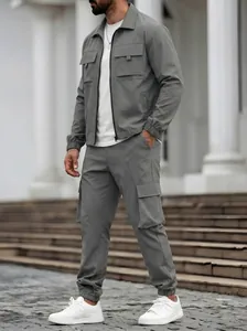 Men's grey cargo jacket and pants set featuring multi-pocket design for casual outdoor wear