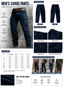 Comprehensive size chart and features guide for men's 100% cotton tactical cargo pants.