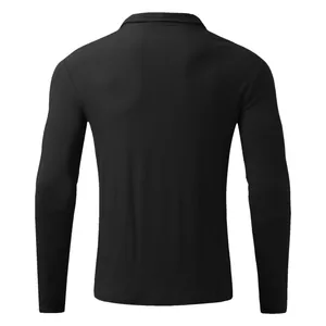 Detailed back view of men's black long sleeve ribbed polo shirt with fine texture