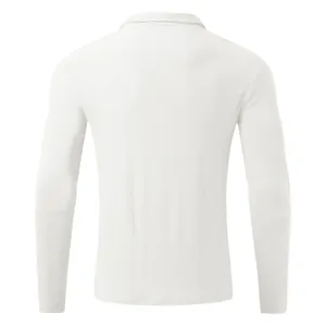 Detailed back view of a white ribbed long sleeve men's polo shirt featuring textured fabric