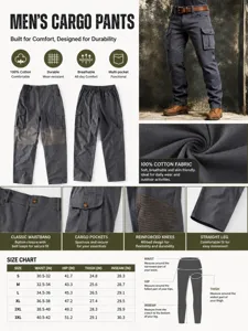 Detailed infographic of men's 100% cotton tactical cargo pants with features and size chart