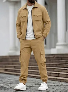 Full body view of men's khaki cargo jacket and pants set for outdoor casual style