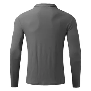 Detailed back view of men's long-sleeve ribbed polo shirt in charcoal grey finish