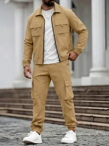 Full view of men's khaki two-piece casual workwear set featuring cargo pockets and jacket