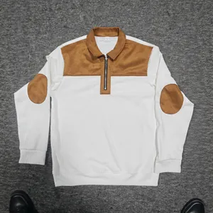 Polo casual de pana para hombre en blanco con parches marrones en hombros y codos