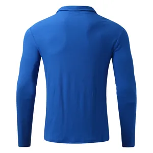 Detailed back view of men's long sleeve ribbed polo shirt in a vibrant blue color