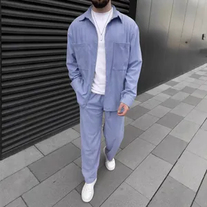 Stylish men's light blue corduroy long sleeve shirt and matching casual pants set