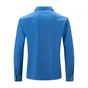 Back view of a men's slim-fit royal blue cotton linen casual long-sleeve shirt
