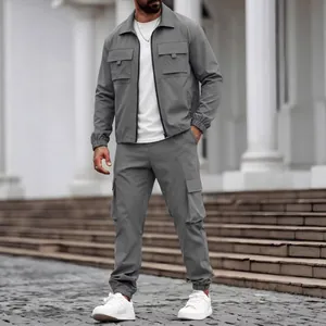 Premium men's solid grey cargo jacket and matching long pants outdoor casual set