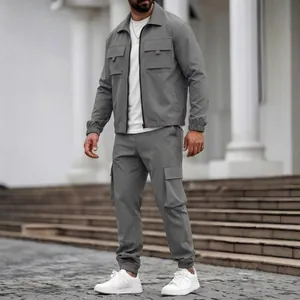 Stylish men's solid grey casual cargo jacket and multi-pocket pants two-piece set