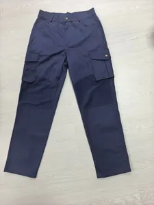 Full view of blue 100% cotton tactical cargo pants with knee pleats and side pockets