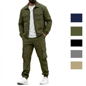Olive green men's cargo jacket and pants set with multiple pockets for casual wear