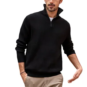 Men's black quarter-zip ribbed knit sweater with polo collar for autumn and winter style.