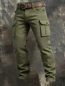 Detail of men's olive green tactical cargo pants showing pleated knee reinforcement and pockets.