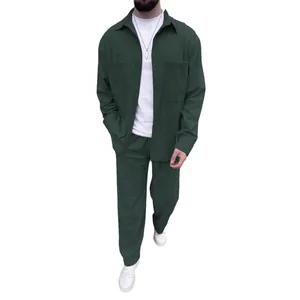 Premium men's dark green corduroy two-piece set featuring long-sleeve shirt and casual pants