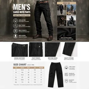Men's 100% cotton cargo moto pants with multi-pockets and reinforced knee design.