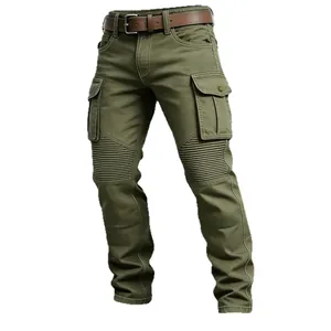 Men's olive green 100% cotton tactical cargo pants with multi-pockets and pleated knees.