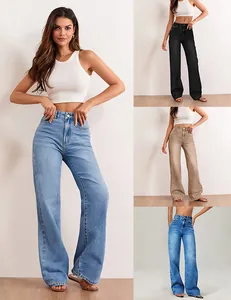 Collage showing high-waisted stretch straight jeans in light blue, black, and khaki.
