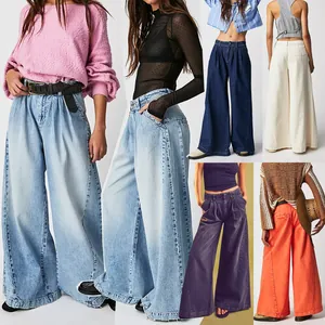 Collage of women's wide-leg denim pants in various colors for street style outfits.