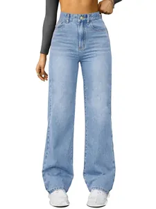 Frontal full-length view of women's high-waisted light wash wide-leg denim jeans