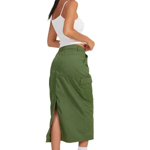 Detailed back view of a casual army green cargo maxi skirt featuring a split hem and side pockets