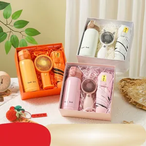Coffret Cadeau d'Affaires Gourde Isotherme Acier Inox Parapluie Solaire Mini Ventilateur Serviette en Polaire Corail pour Anniversaire Bureau Femme