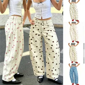 Multi-angle collage of stylish loose-fit polka dot jeans with low waist in various colors