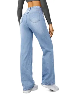 Detail view showing the back of women's light blue stretch denim straight-leg jeans