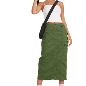 Detailed view of women's olive green cargo maxi skirt featuring functional side pockets.