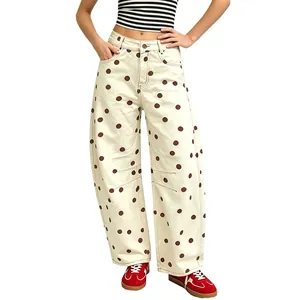 Stylish off-white polka dot wide-leg curved jeans for women with a loose casual fit