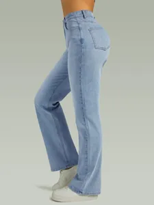 Side view of premium women's high-waisted light blue straight-leg stretch denim jeans