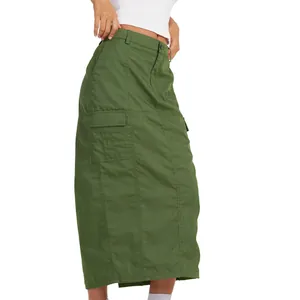 Detailed side profile of an olive green cargo maxi skirt featuring large utility pockets.