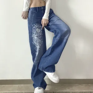 Loose wide-leg blue denim jeans for women featuring silver heart scrollwork print