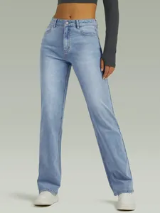 Women's high-waisted light blue stretch straight-leg denim jeans worn by a model
