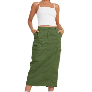 Close-up detail of a casual olive green cargo maxi skirt with side flap pockets