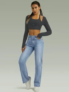 Full body view of women's light blue stretch straight-leg denim jeans on a model.