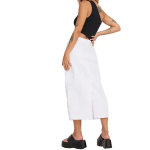 Side view of a white denim bodycon long skirt featuring a back slit design