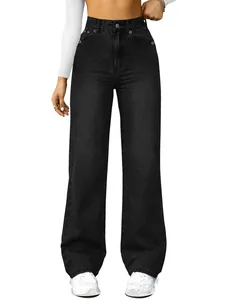 High-waisted black straight-leg stretch denim jeans for women, full-length fit description.
