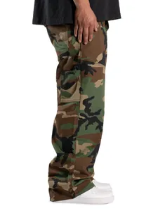Detailed side view of men's loose woodland camouflage cargo pants with functional pocket