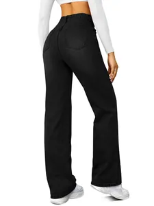 Back view showing fit and pockets of women's high-waisted black stretch denim jeans