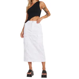 Detailed view of a white denim cargo midi skirt with functional utility pockets