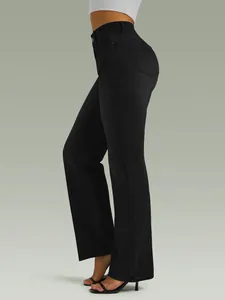 Detailed side view of premium women's black stretch straight-leg jeans for a perfect slimming fit