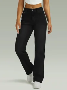 Detailed view of premium women's black high-waisted stretch straight leg jeans