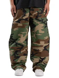 Front view of men's loose-fit woodland camouflage cargo pants on model