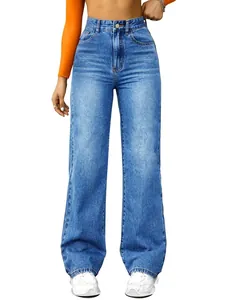 Front view of women's high-waisted blue denim straight-leg jeans with a washed finish