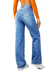 Back view of high-waisted women's stretch straight-leg jeans in light blue denim