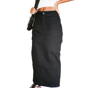 Side pocket detail of a high-waisted black denim cargo maxi skirt for women.